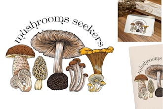 design vintage logo, digital hand drawn, plant and mushroom