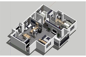 3d floor plan, exterior and interior with sketchup