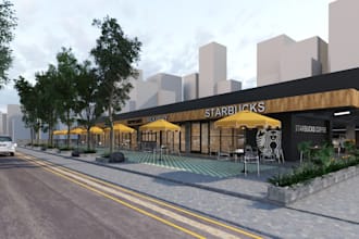 do facade design house, shop, store, cafe, in photorealistic rendering