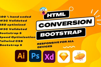 convert figma, sketch, PSD, xd to HTML CSS and bootstrap 5