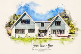 paint custom digital watercolor house, building portrait illustrations