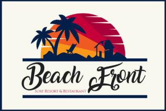 design beach resort, palm, ocean and vacation logo
