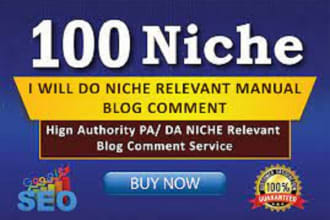 create manual 100 niche relevant blog comment off page SEO backlinks