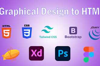 convert design to html page with bootstrap tailwind jquery