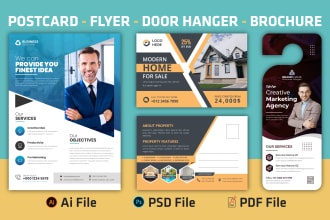 design flyer, postcard, media kit, door hanger, and brochure