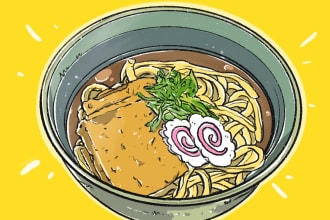 illustrate unique manga style food, beverage and dishes