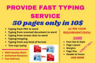 do a fast typing job, retype scanned pages, PDF to word, pro typist