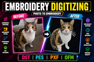do pet embroidery digitizing into dst, ofm, pxf, pes, cnd file