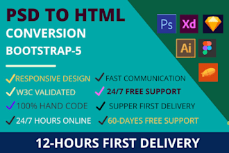 complex PSD to HTML , xd to HTML responsive with bootstrap 5