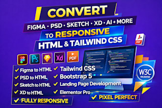 convert figma to HTML, PSD to HTML, bootstrap, or tailwind CSS responsive
