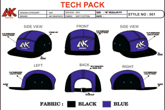 design flat sketch, mock up and tech pack of hat and cap