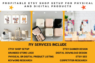 setup etsy store, etsy shop digital downloads and etsy physical product listing