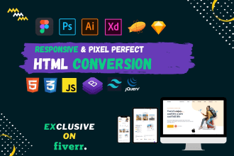 convert figma PSD xd sketch to HTML with responsive CSS bootstrap and tailwind