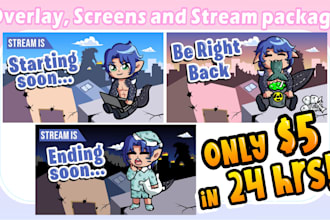 design a custom twitch stream overlay, screens and stream package