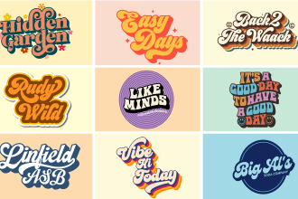 design 70s retro, hippie, psychedelic, funky font typography logo