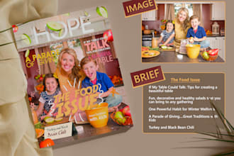 design magazine cover, standee, booth, brochure, flyer