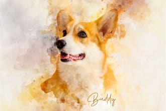 create digital pet watercolor portrait image of dog, cat or any pet