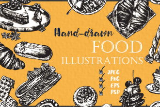 create hand drawn food illustrations in ink