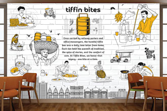 design doodle wall art mural for restaurant, home interior