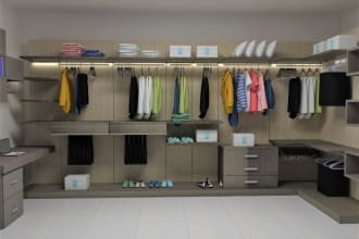 design walk in closet, wardrobe in 3d image and 2d drawings
