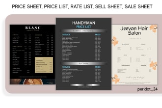 do price sheet, price list, sell sheet, rate card, sale sheet for your service