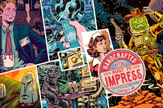 draw vintage illustration, distressed retro or comic art