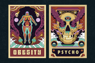 draw a psychedelic illustration retro for poster album cover