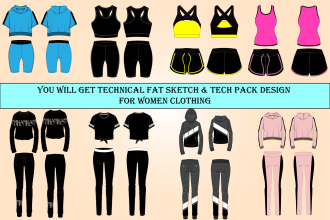 create technical flat sketch and tech pack for any type of women clothing