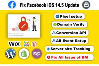 set up facebook pixel, domain verify, events, ios 14 update