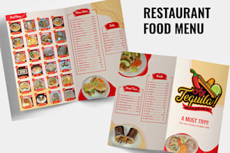 create modern food menus, trifold designs, and digital flyers for restaurants