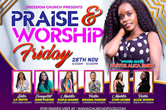create a magnificent online church flyer or  fb, ig post, banner within 6 hrs