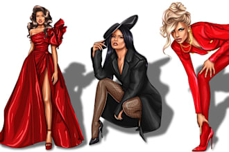 draw a beautiful fashion illustration, sketch, clothes