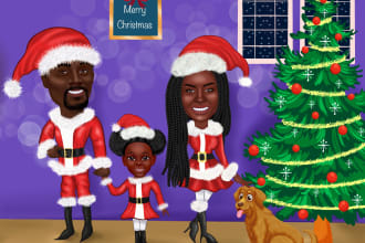 do african american illustration for christmas card, family greeting card