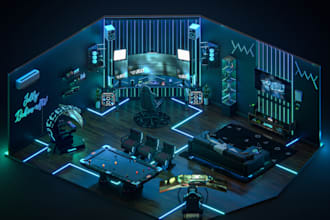 design a realistic 3d isometric gaming and streaming room