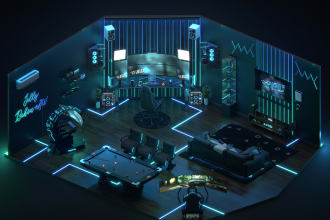 design realistic, gaming and streaming room, 3d isometric