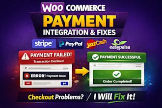 integrate or fix woocommerce payment gateway, stripe, paypal, checkout issues