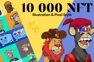create 1k,5k,10k nft art collection, pixel or illustration