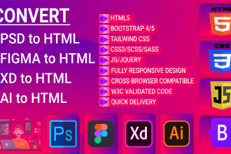 convert psd to html, figma to html, ai to html, xd to html with responsive