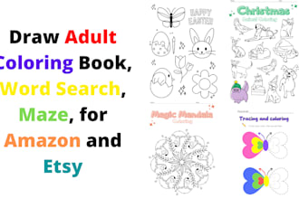 draw adult coloring book, word search, maze, sudoku for kids