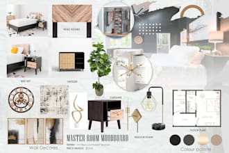 design interior mood board, floor plan, shopping list