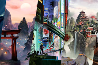 draw fantasy landscape illustration, gaming or card background