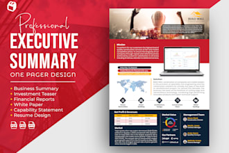 design one pager executive summary, investor teaser or business highlights