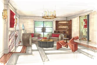 hand draw interior render, interior sketch, hand  rendering