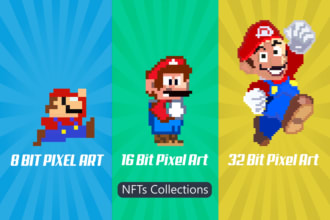 design 8bit 16bit and 32 bit pixel art for nft collection