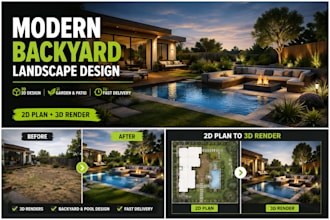design front yard backyard patio and garden landscape with 3d rendering