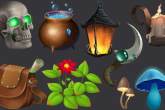 create a 2d icons, objects, set and assets for you game