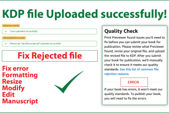 issues fix errors, rejected, book cover, manuscript for kdp