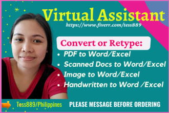 convert pdf to word, pdf to excel, image to word, or any virtual assistant task
