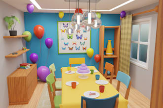 create 3d low poly cartoon scene for your needs