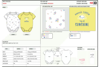 design baby clothing tech pack, graphics, detail drawing